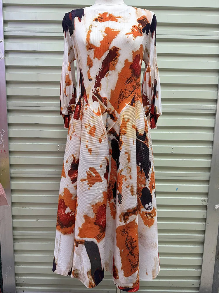 Miyake Pleated Dresses 2026 Autumn New Gentle French Print Elegant Stretch Plus Size Women's Long Sleeve Bounce Flower Bud Dress