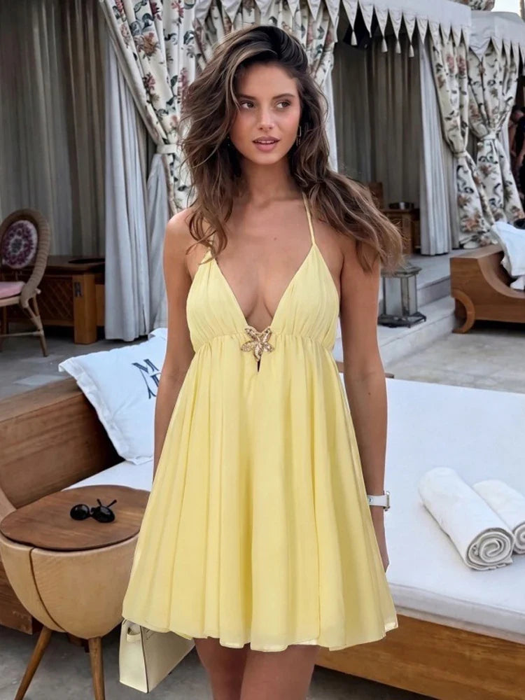 Yellow V Neck Satin Lace Patchwork Maxi Dress Chic Spaghetti Strap Backless Slip Robe 2026 Summer New Lady Beach Holiday Vestido