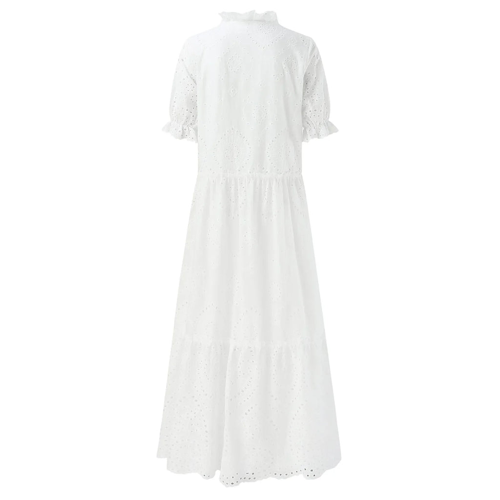 Summer Cotton White Dress for Women Casual Hollow Crochet Bohemian Loose Beach Long Dress Ladies Plus Size Holiday Ruffles Dress