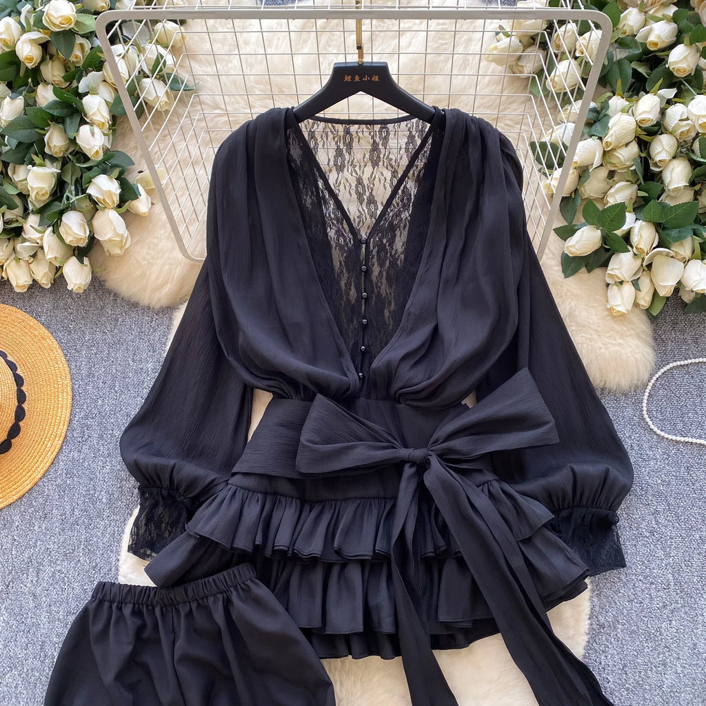 Fairycore Lace Chiffon Dresses With Stretch Shorts Pearl Button Bow Female Ruffles Sheer Seaside Holiday Mini Dress