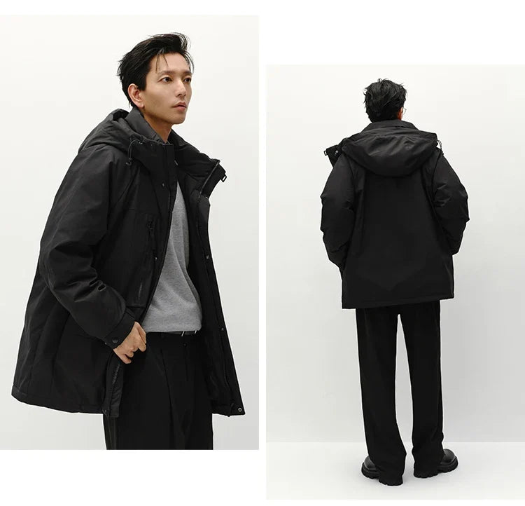 Down Jacket Men Mid-Length Hooded Sport Colorblock 2026 Winter Man Clothes Warm Outerwear Windproof Warm Colorblock Design