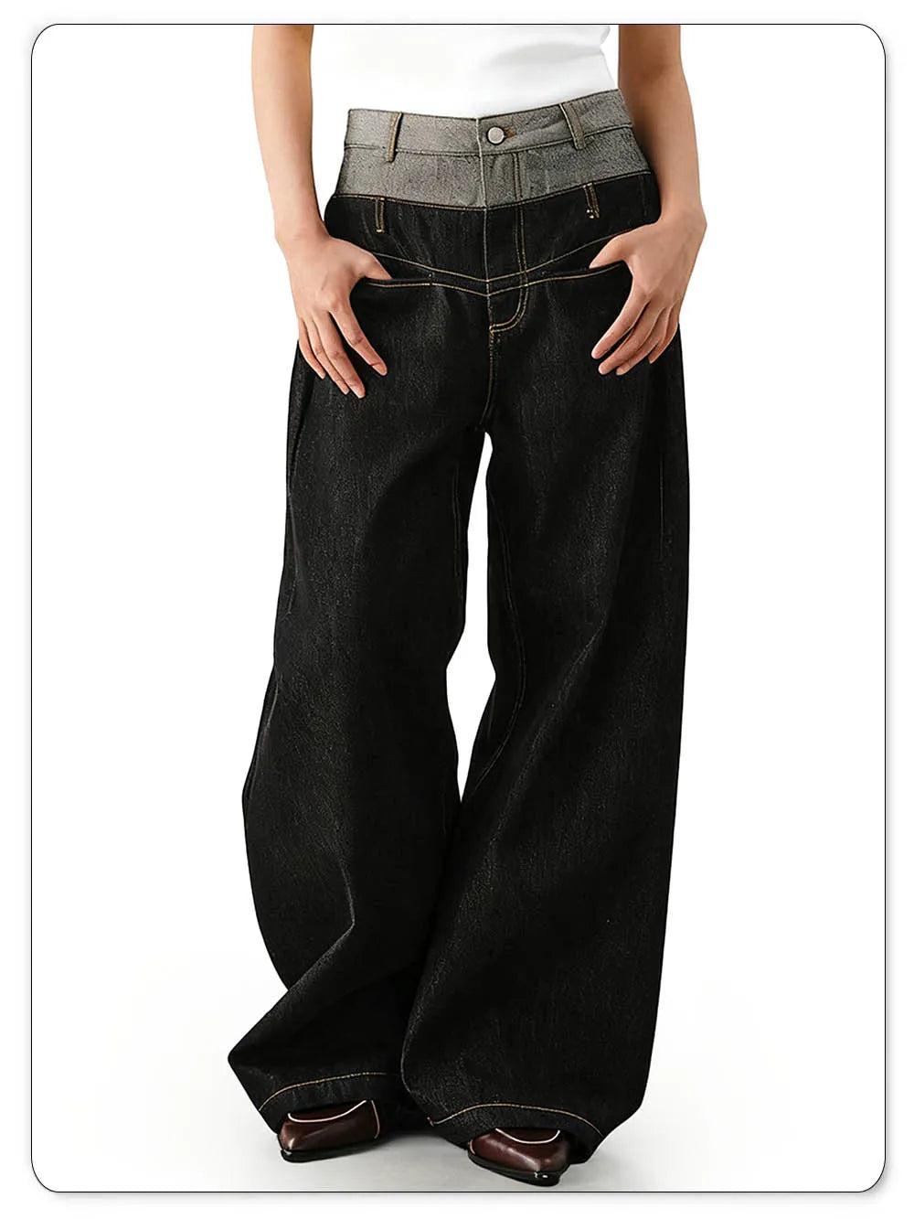 Men's Retro Personalized Double Waist Design Loose Wide Leg Jeans Street Design Denim Pants Gothic Baggy Machete Wide Leg Jeans