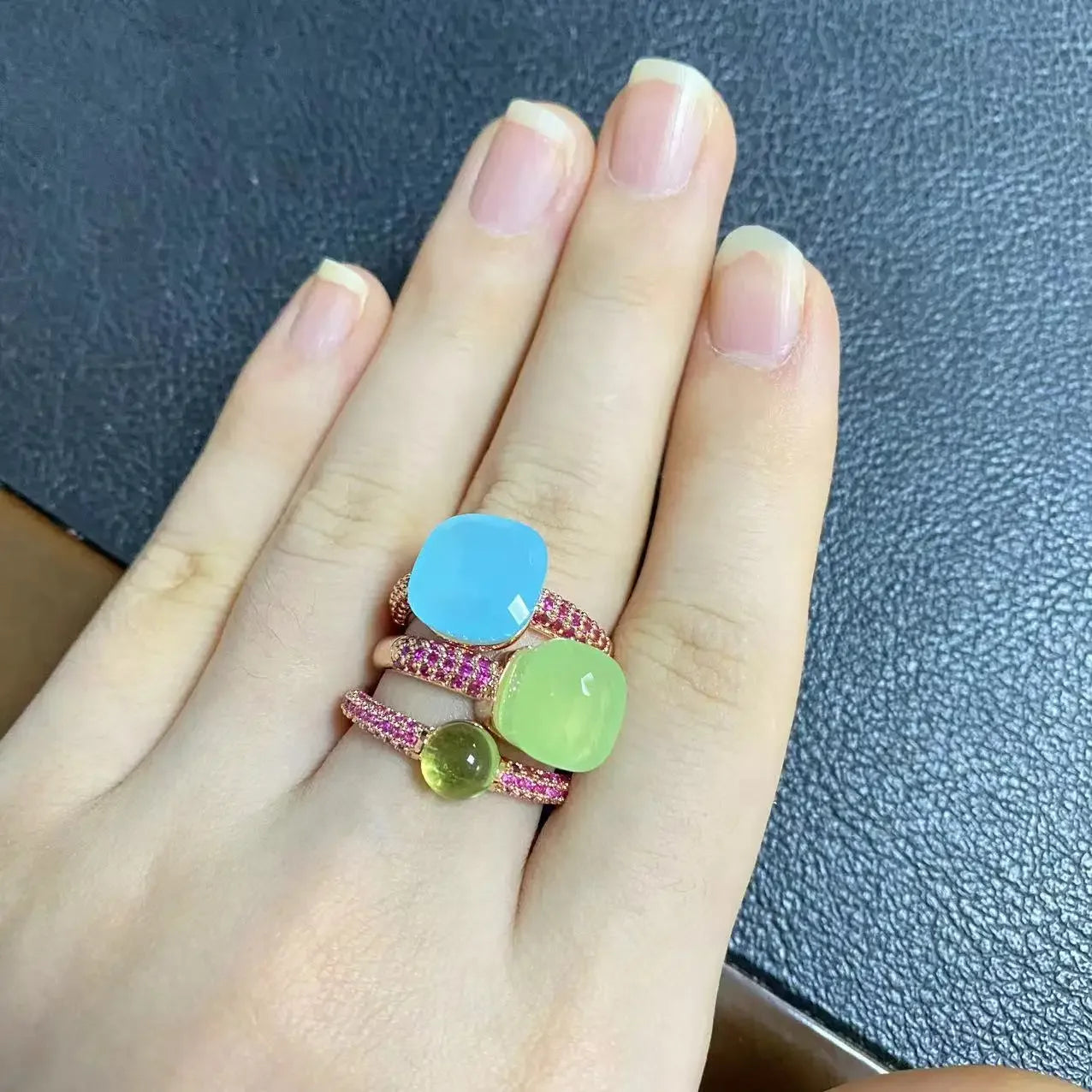 3Pcs/Set Nudo Ring Stacking Set for Women Mix Color Candy Crystal Inlay Zircon Amethyst Blue Topaz Round Jewelry Gift