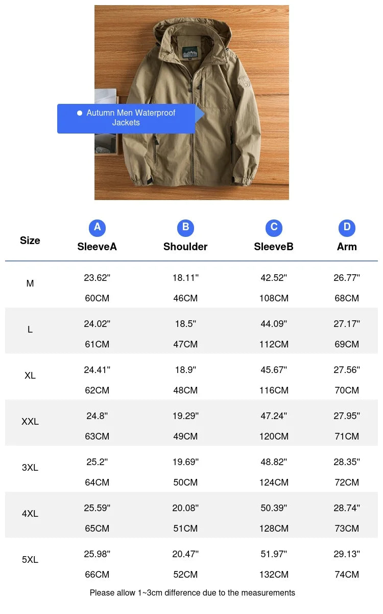 Men’s waterproof hiking jacket, breathable hooded windbreaker, quick dry outdoor coat, autumn, M–5XL