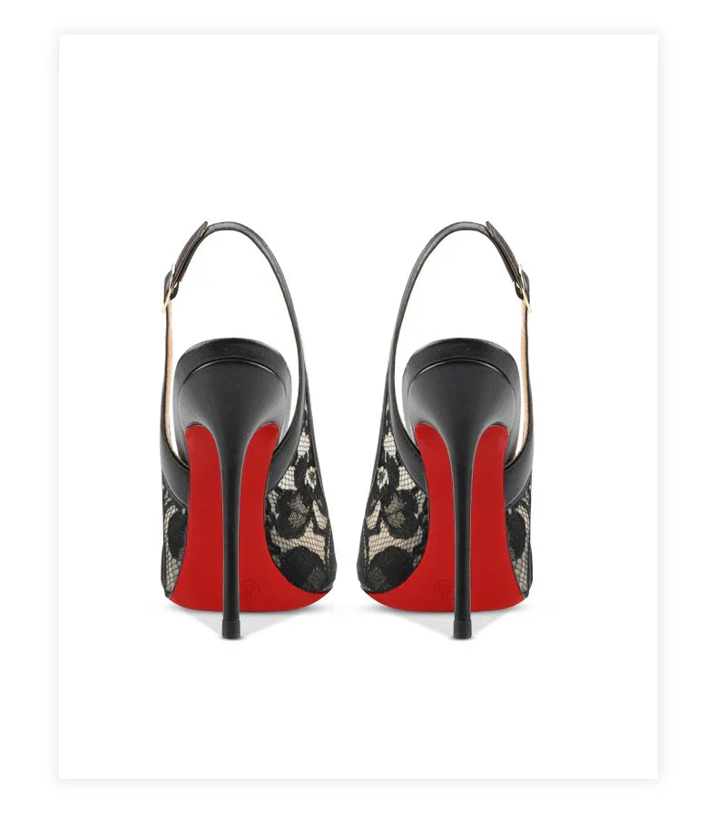 Black lace high-heeled sandals with pointed toes, thin heels, and shallow mouth, comfortable to wear with just one foot