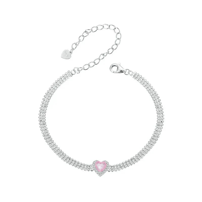 Love Heart Bracelets for Women Girls 925 Sterling Silver with CZ, White Gold Plated Charm Link Chain Bracelet Jewelry