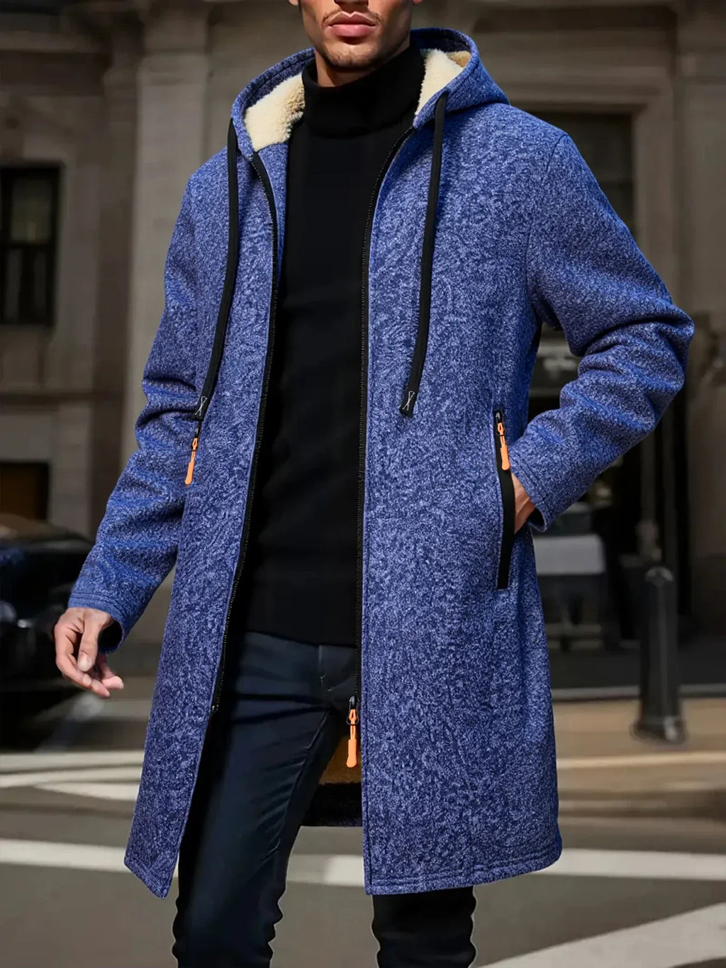 Men's Winter Warm Long Coat Zipper Jacket Zip Windbreaker Thick Fleece Windproof Overcoat Casual Contrast Color Hooded Jacket