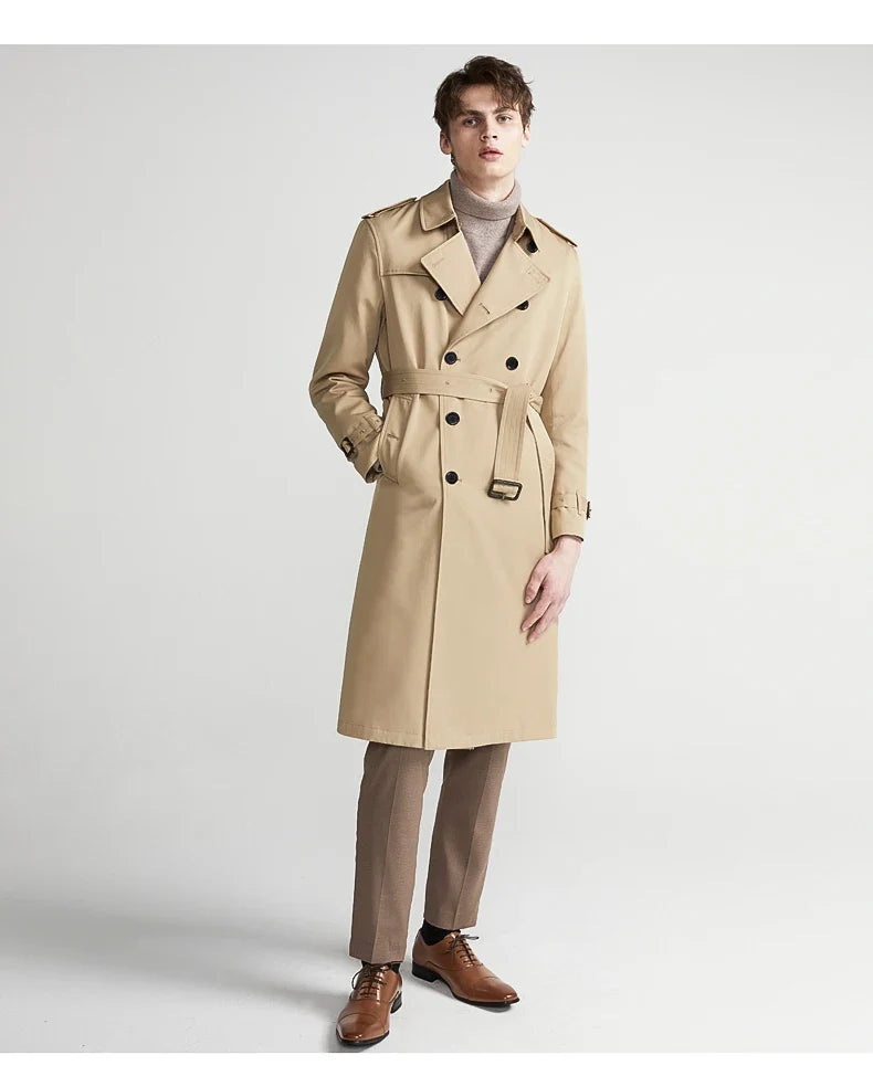 Spring Autumn Long Chic Khaki Trench Coat Men Belt Double Breasted Elegant Luxury British Style Black Overcoat 2025