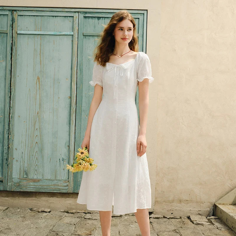 Dress Women Embroidered Elegant 2025 New Summer Lace-trimmed Collar Puff Sleeve Little White Dress for Summer