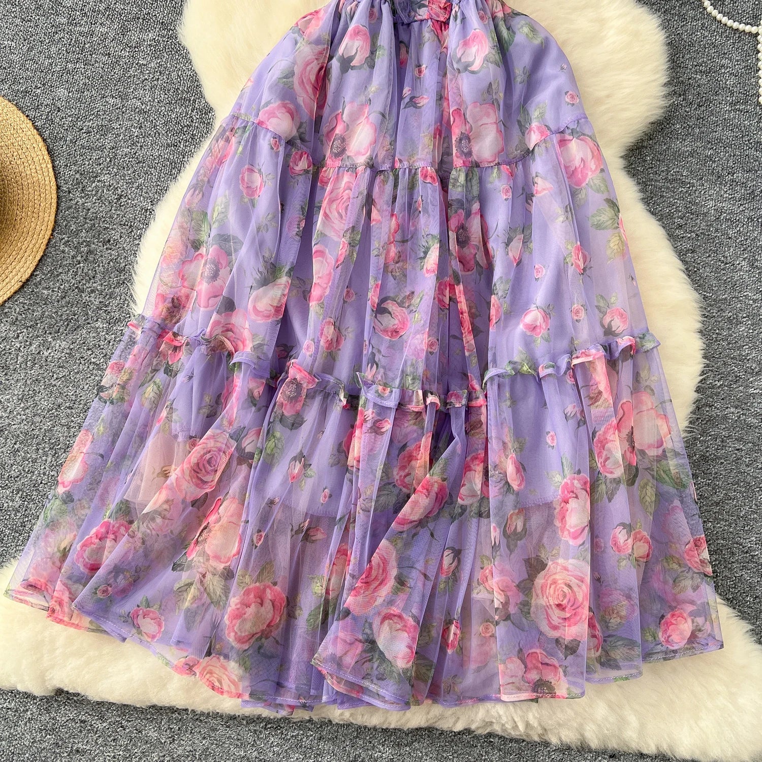 Retro Floral Chiffon Dr Women's Waist Cinched Bubble Sve Me Skirt Tea Break Gentle Soft Sle Korean High Waist A-Lin...