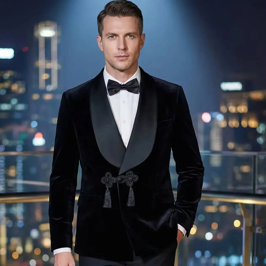Black Velvet Smoking Jacket 2 Piece Male Blazer with Buttons Luxury Grooms Wedding Designer Party Wear Coat