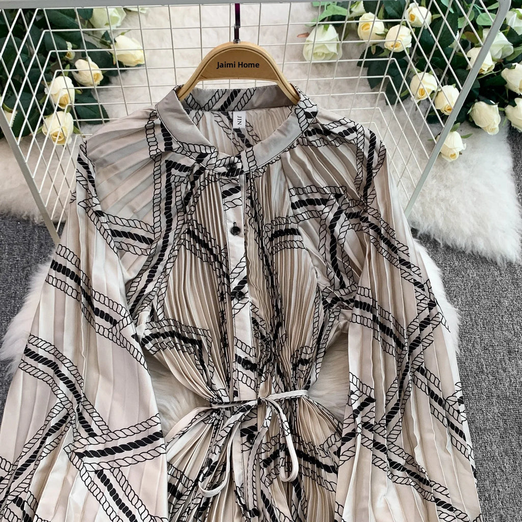 Printed round Ne Lantern Sve Dr Women's Single Button Waist Cinch Maxi Skirt Long Dr Commute Sle Autumn