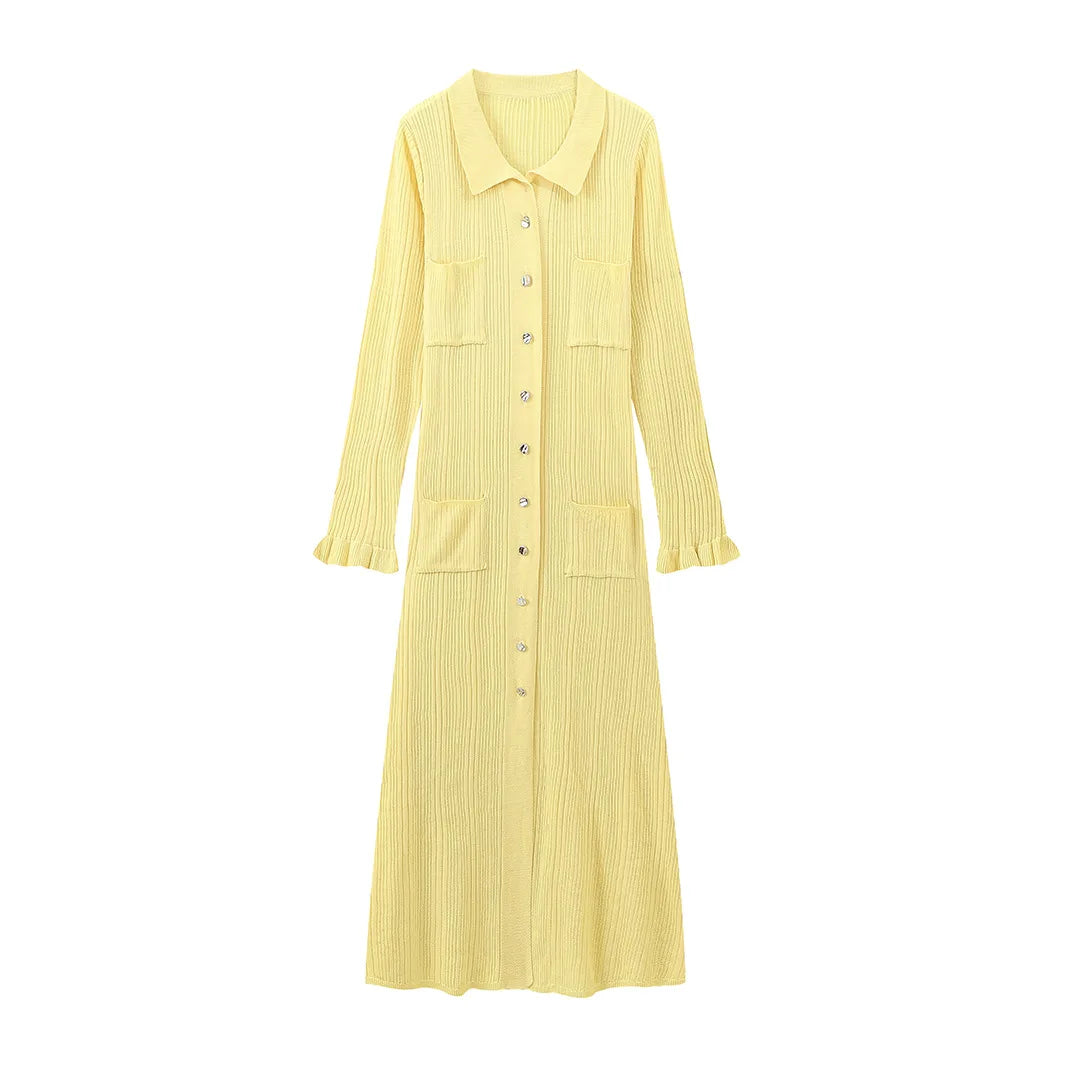 Winter Knitted Dress Women 2025 New Long Sleelve Ruffles Single Breasted Long Dresses Female Party Fashion Sweater Vestidos