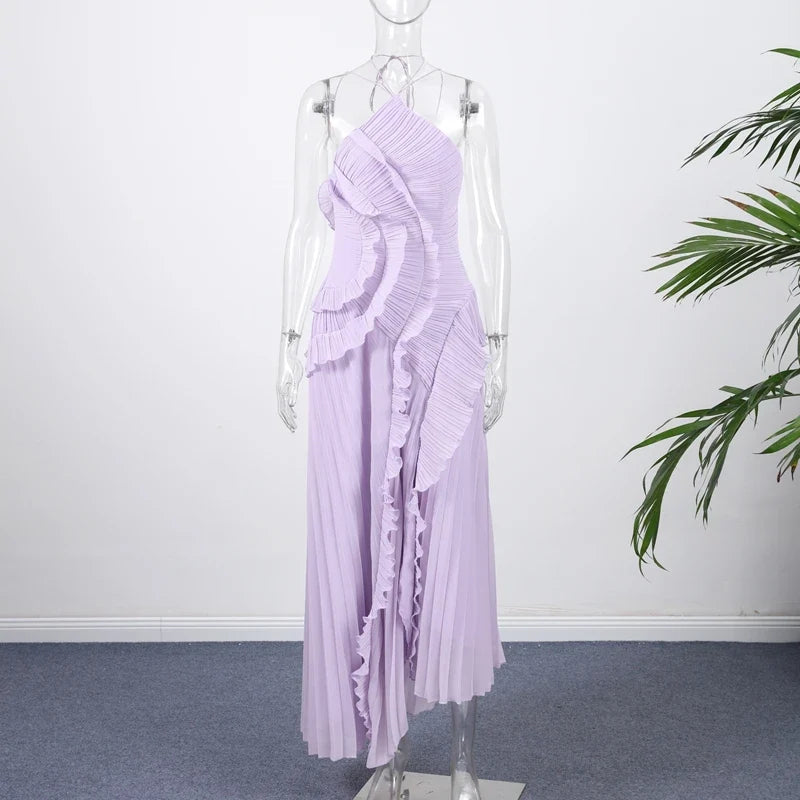 Elegant Neck Strap Ruffles Evening Gown Solid Folds A Line Lace Up Backless Sexy Party Dress 2025 New Party Vacation Y2k Robe