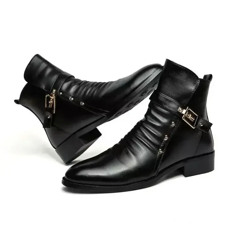 Chelsea Boots Men's High Top Leather Shoes Men Zipper Boot Pointed Ankle Boots Men's Motorcycle Boots Buckle Strap Winter Botas