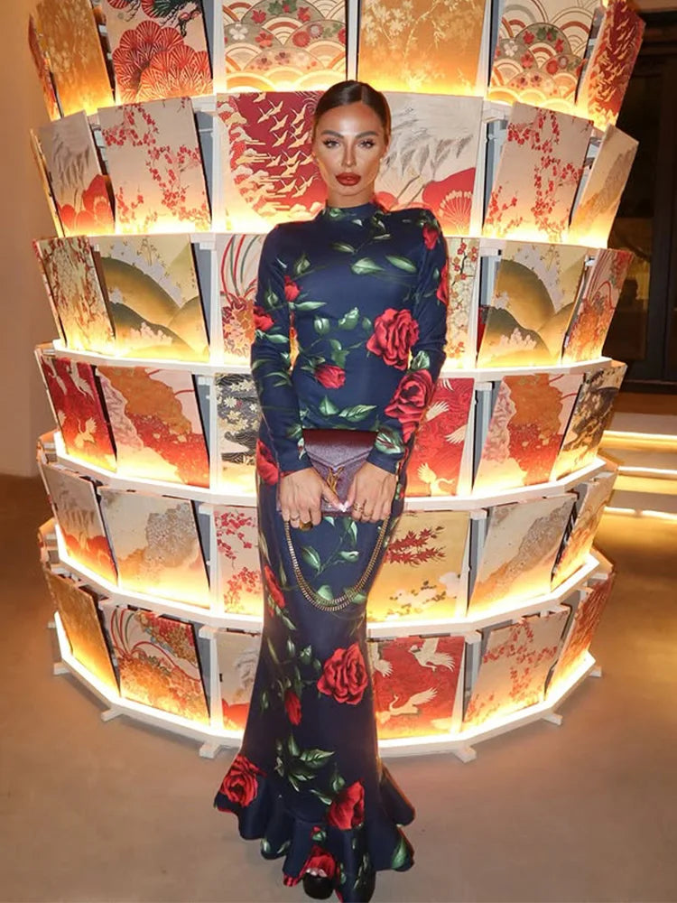 Flower Prints O Neck Women Dresses Sheath Trendy Fashion Elegant Evening Party Outfits Female Bodycon Long Sleeve Robes