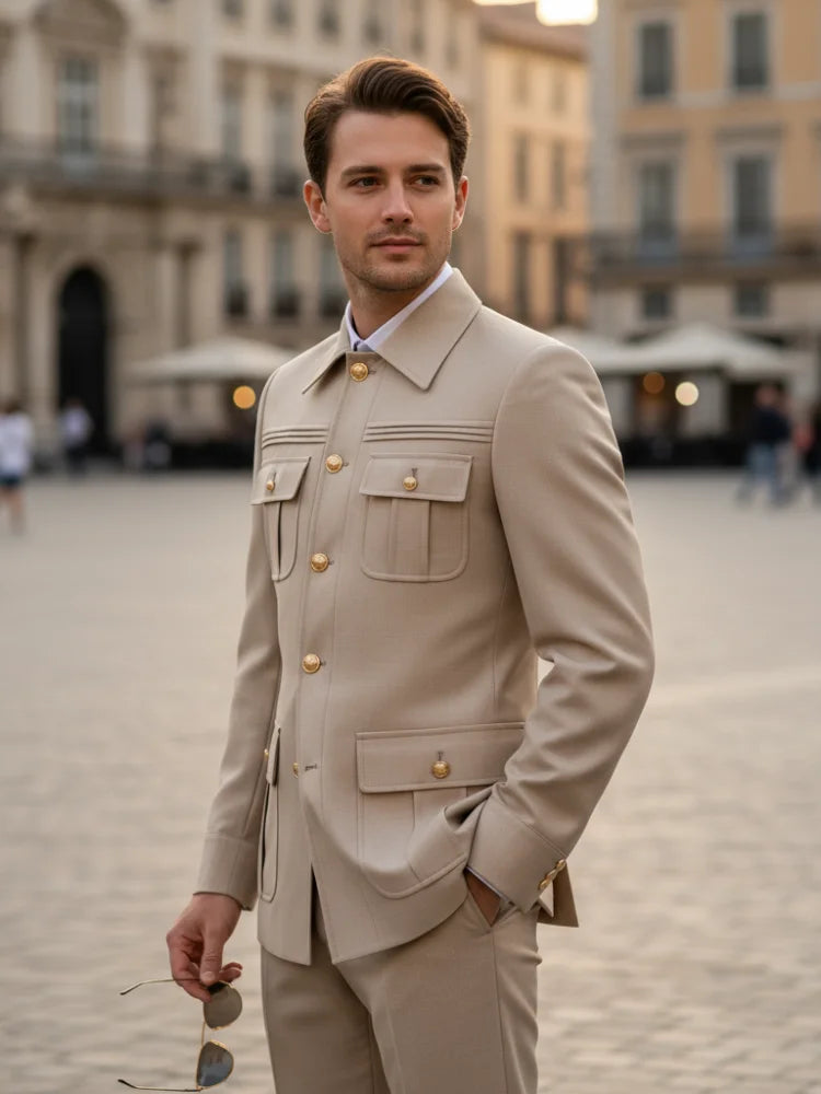 Slim fitting Men's Suit thin version Classic Fit Single Breasted Multiple pockets Solid Color Casual Business