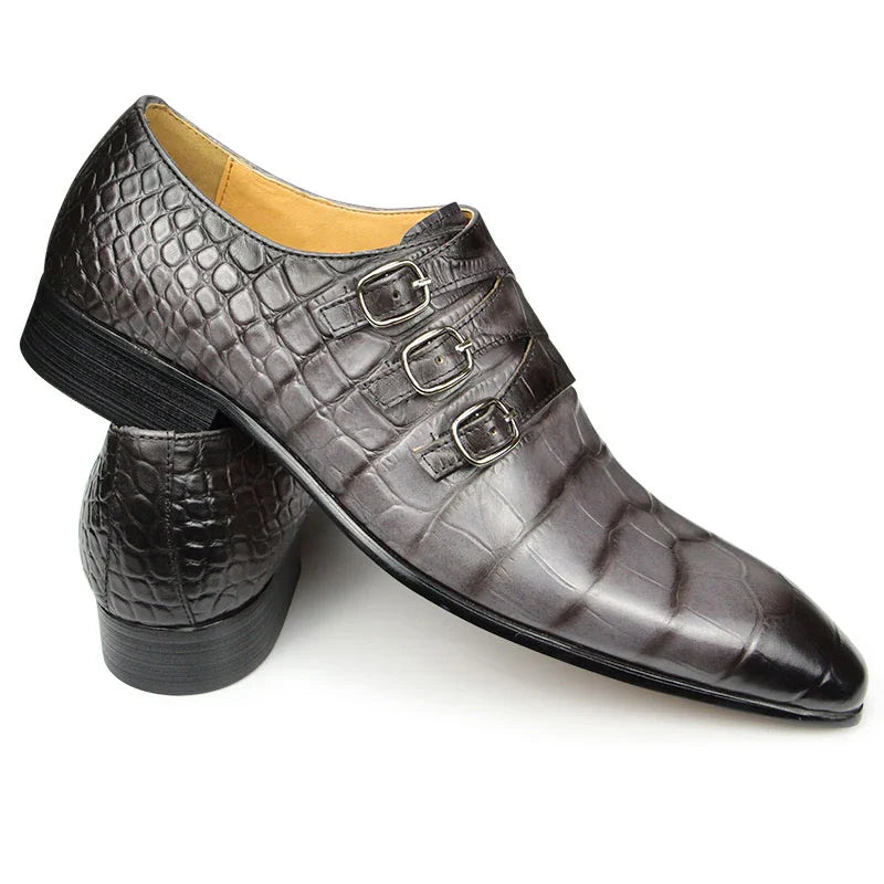 Fashion Business Men Leather Shoes Crocodile Print Wedding Party Office High Grade Genuine Leather Shoes Grey Pointed Toe Loafer