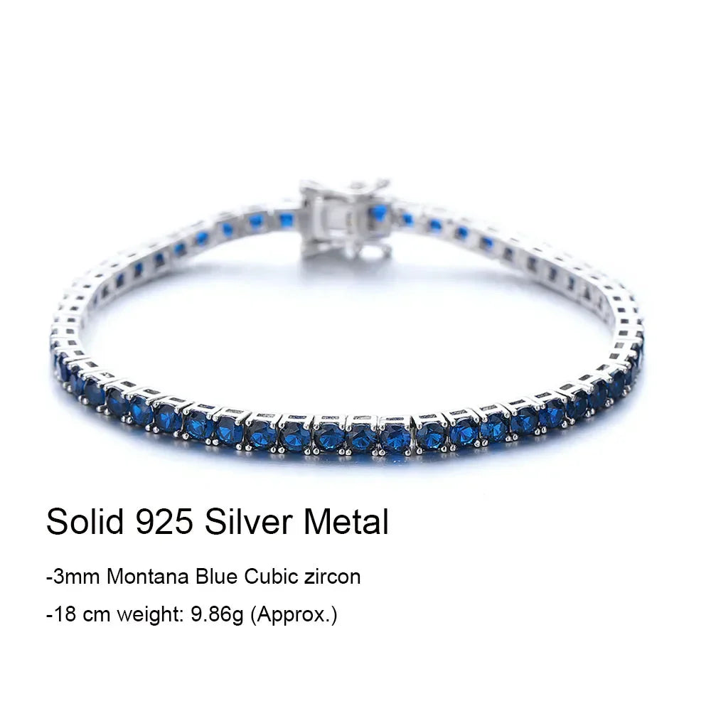 925 Silver Tennis Bracelet, 3mm Pave CZ, Dark Ruby/Rainbow/Blue/Green/Black, Eternity Design, Fine Jewelry for Women