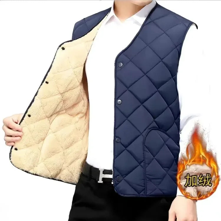 Autumn Winter waistcoat Men Lamb Fleece Coat Vest Button Cardigans Thicken Warm Solid V-Neck Casual Plaid Jackets