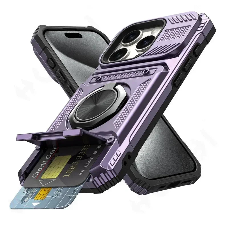 جراب حماية بتصميم محفظة لهاتف آيفون 16 15 14 13 11 برو ماكس XS XR 8 7 بلس، حماية شديدة التحمل ضد السقوط مع حلقة مغناطيسية دوارة ومسند