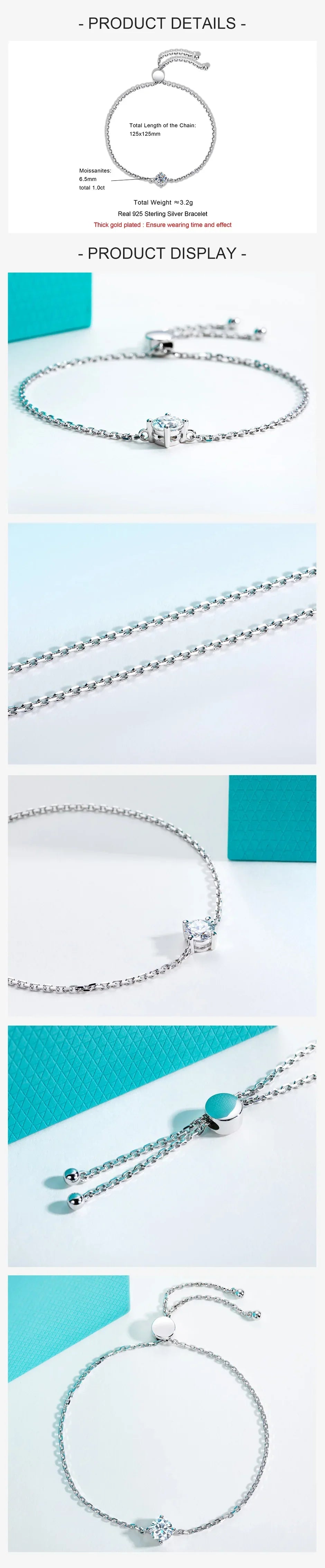 1ct Moissanite Bracelet 925 Sterling Silver Lab Created Diamond 12.5x12.5cm Adjustable Bracelets for Woman Jewelry Gift