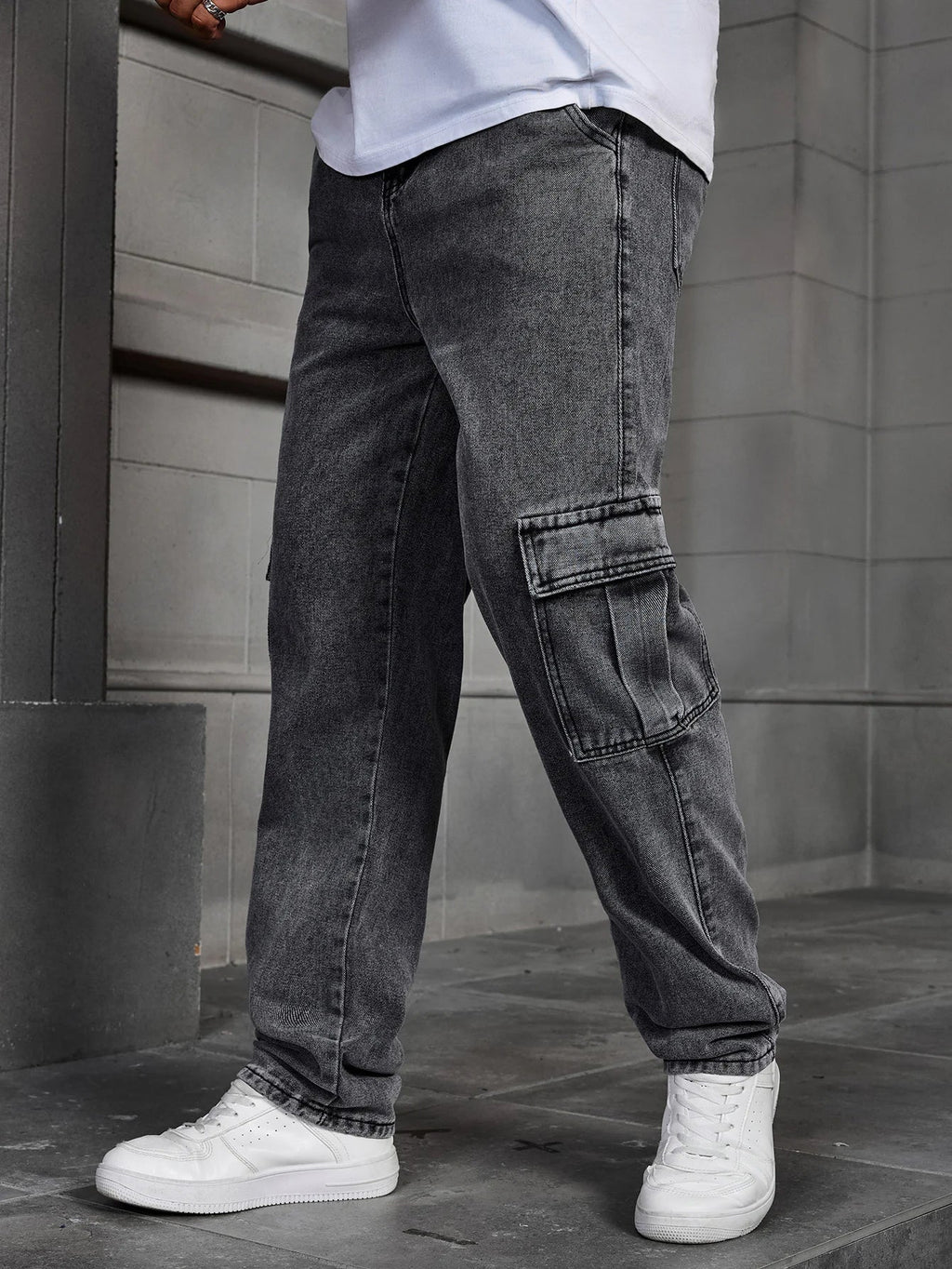 Men's Fashionable Multi-pocket Rrey Cargo Jeans Durable Non-stretch Workwear Denim Trousers Men's Pants Size XS-XL