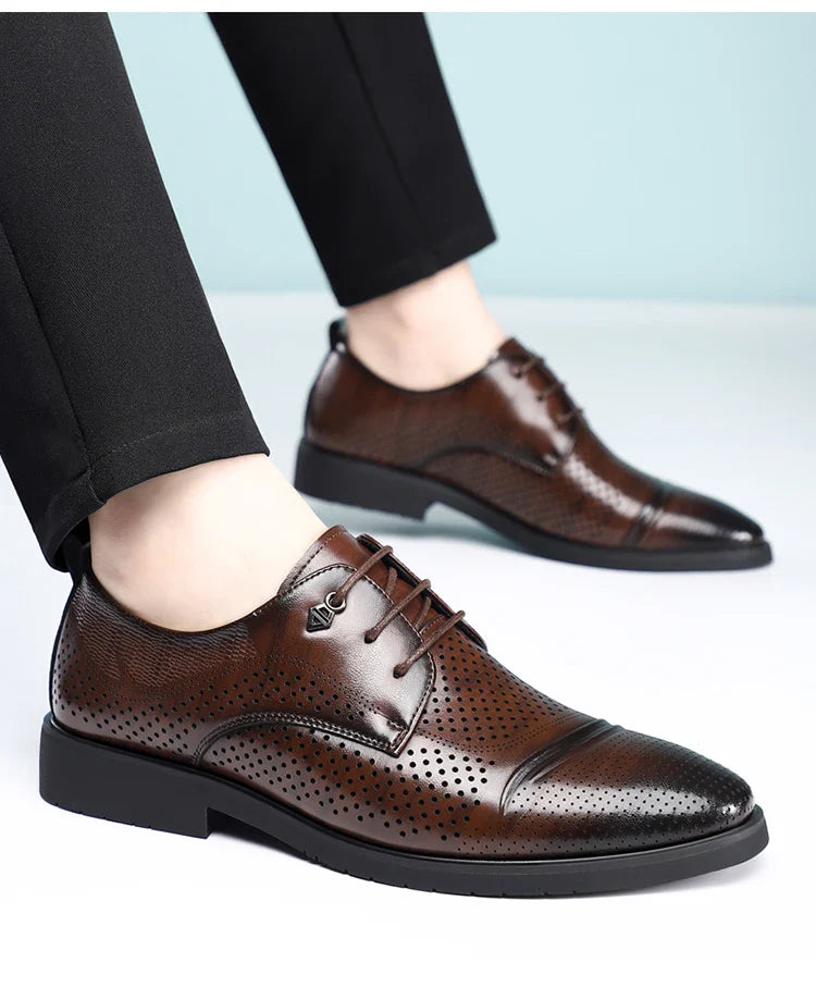 Men's Summer Breathable Leather Shoes Hollow out Fashionable Slip-On Comfortable Anti-Slip Soft Bottom Derby Shoes-SJ2501-1
