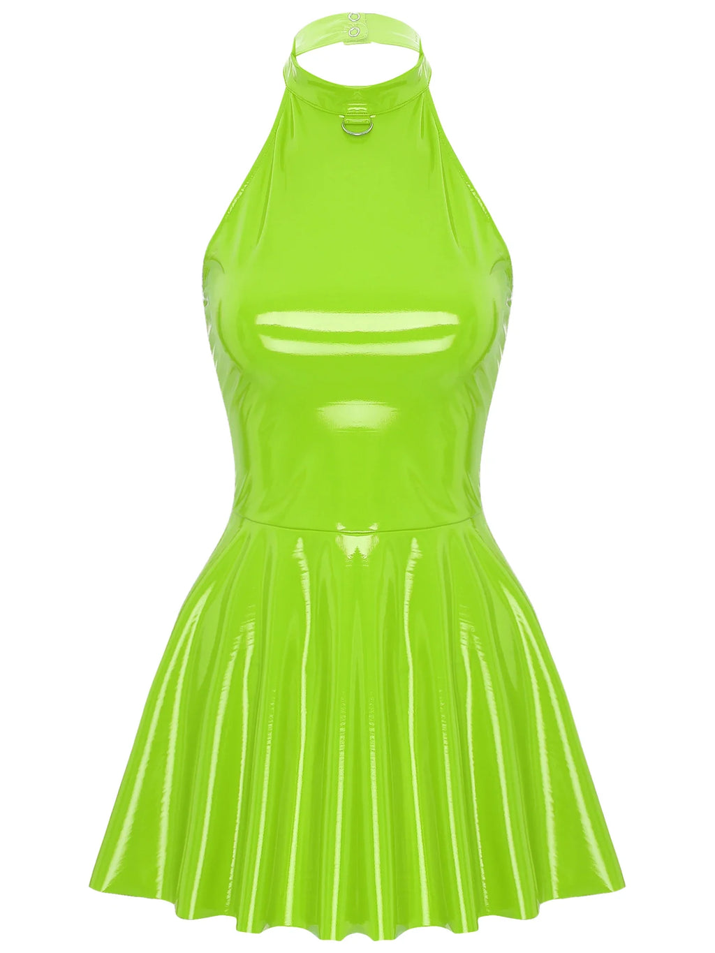 Womens Glossy Patent Leather Glossy Mini Skater Dress Halter Backless Bodycon Lingerie A-Line Dresses Rave Disco Party Clubwear