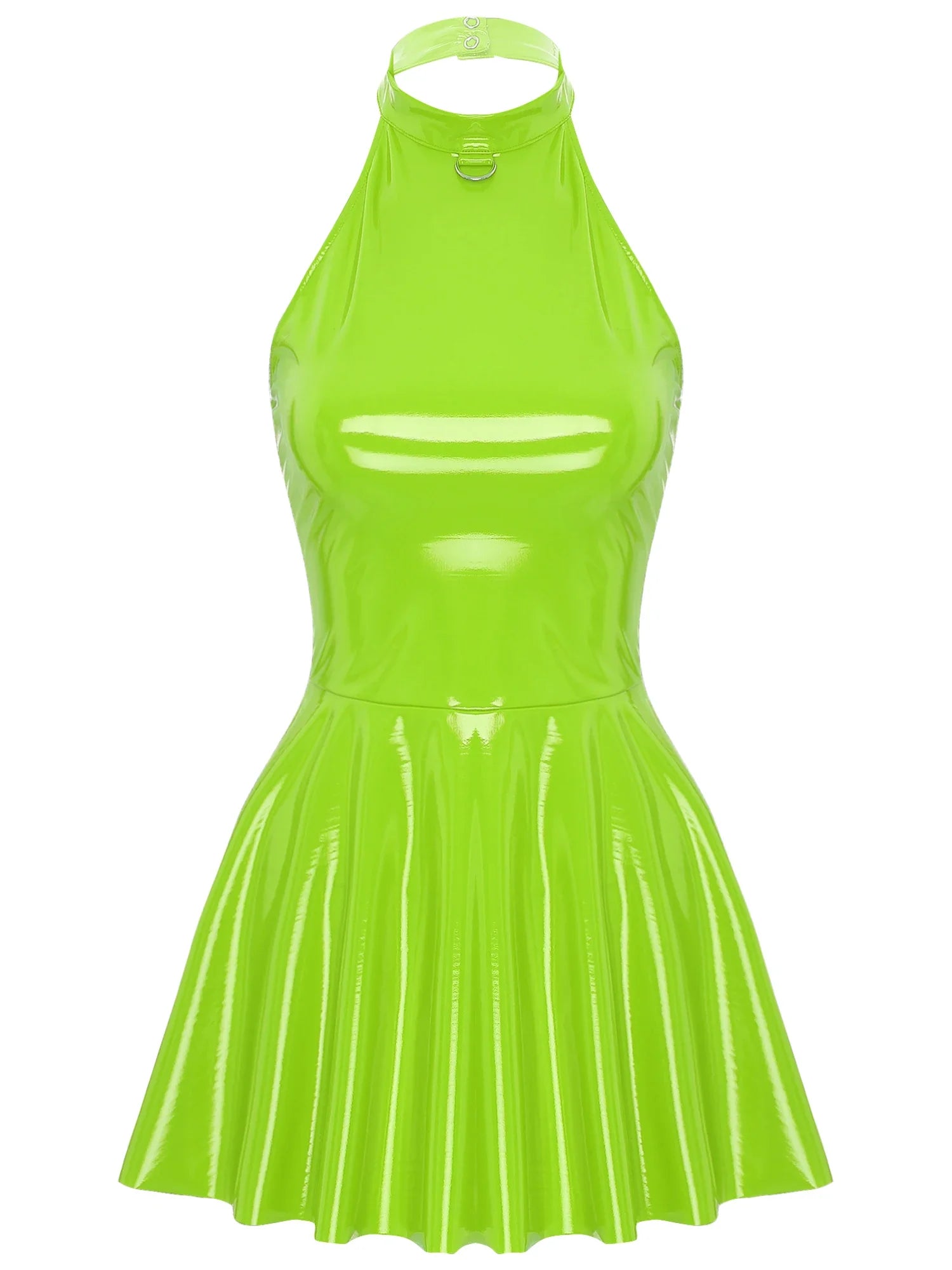 Womens Glossy Patent Leather Glossy Mini Skater Dress Halter Backless Bodycon Lingerie A-Line Dresses Rave Disco Party Clubwear