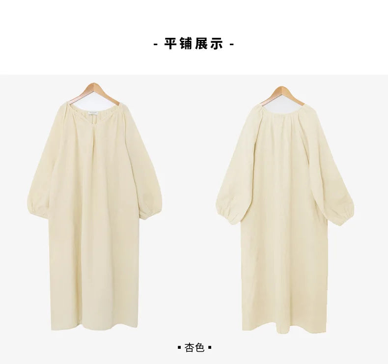 Vintage 100% Cotton Women Dress V Neck Long Sleeve Korean Jananse Pajama Dresses Ladies Comfortable Homewear Wearable Outside
