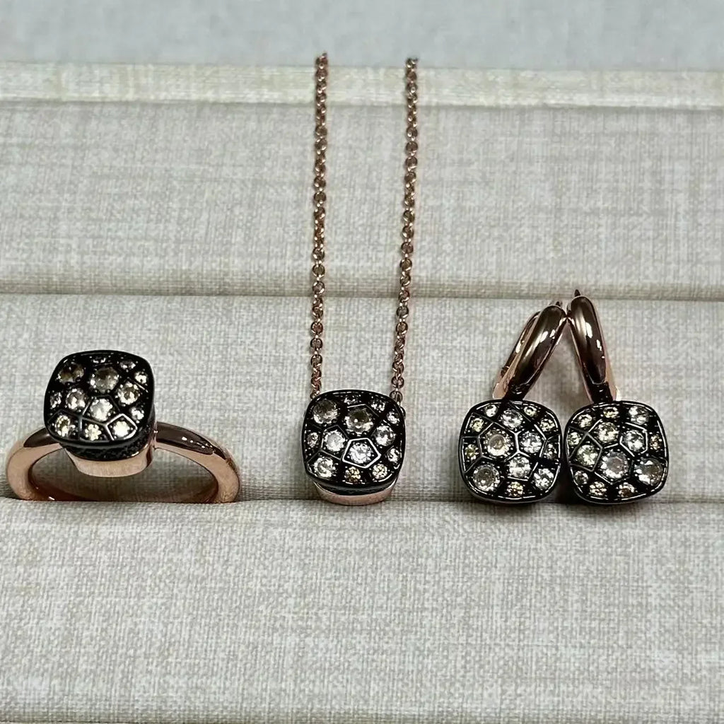 10.6mm Honeycomb Style Jewelry Set For Women Ring Earrings Necklace Rose Gold Candy Crystal Bijoux Gift