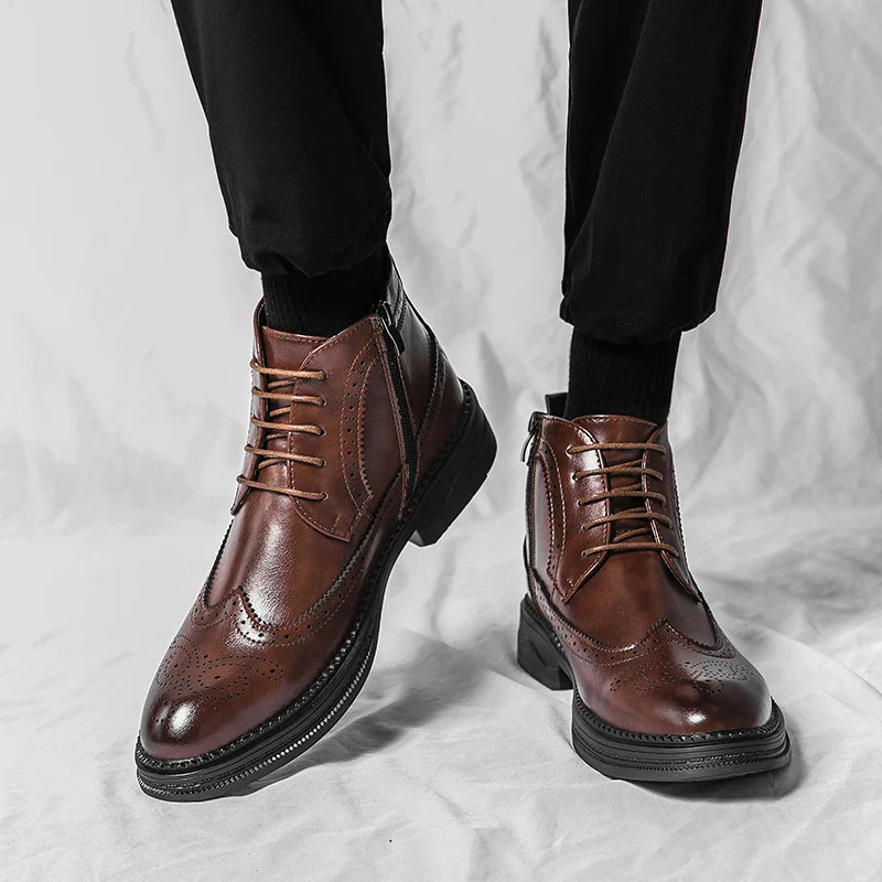 New Fashionable Winter Patent Leather Brogue Ankle Boots Men's Lace up High Tops For Men Flats Everyday All Match Shoes