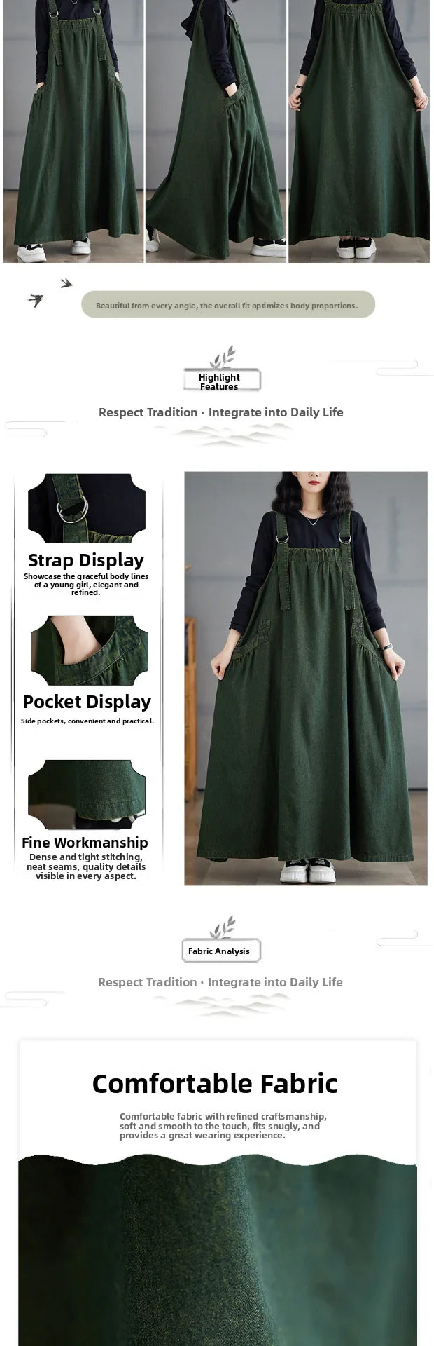 Retro Crtsmanip Loose Fit Slimming Denim Overalls Long Skirt Dr Spring Summer Autumn Winter A-Line Straight Cut Gown