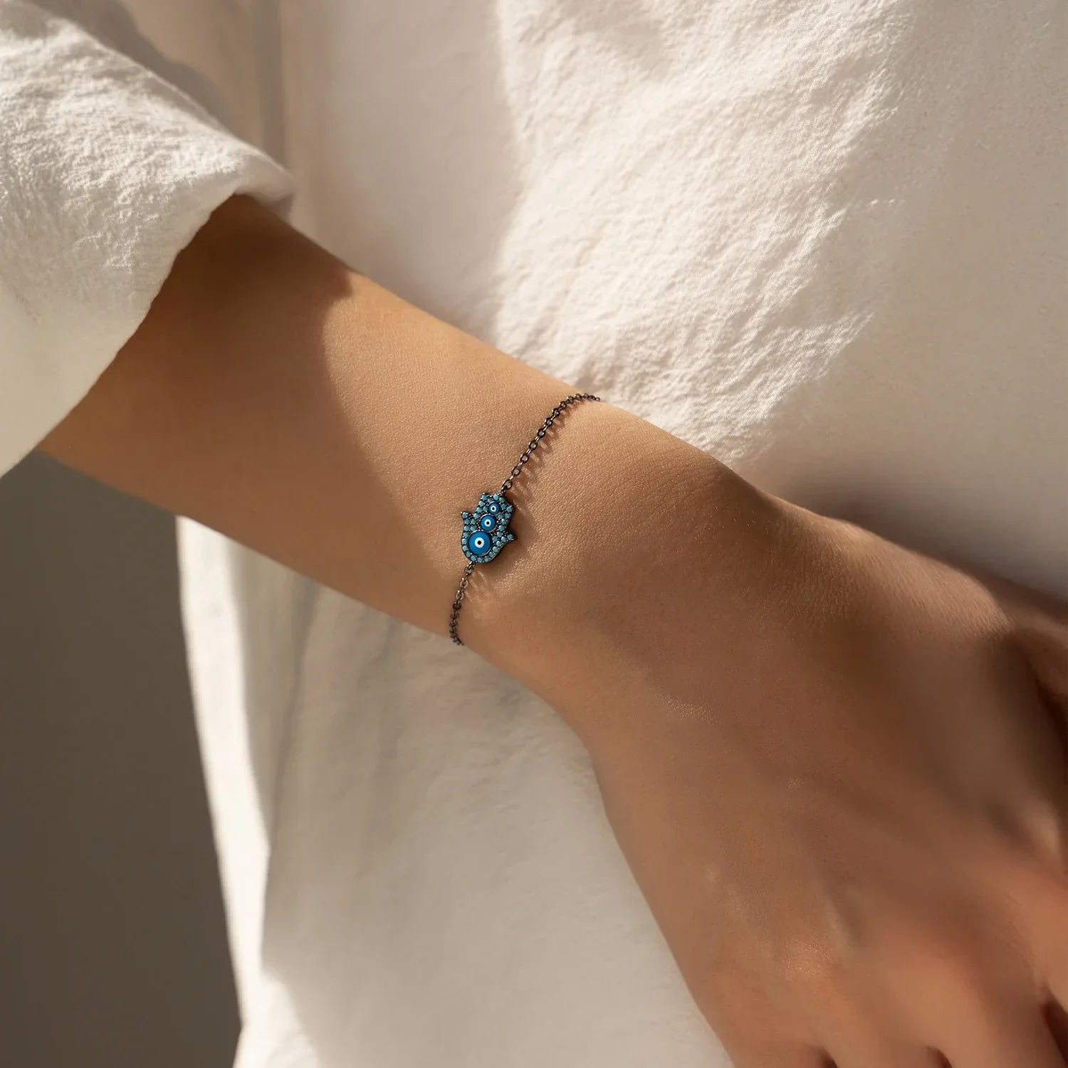 925 Sterling Silver Blue Enamel Synthetic Turquoise Link Chain Bracelet Black Ghost Eyes Palm Bracelets For Women Jewelry