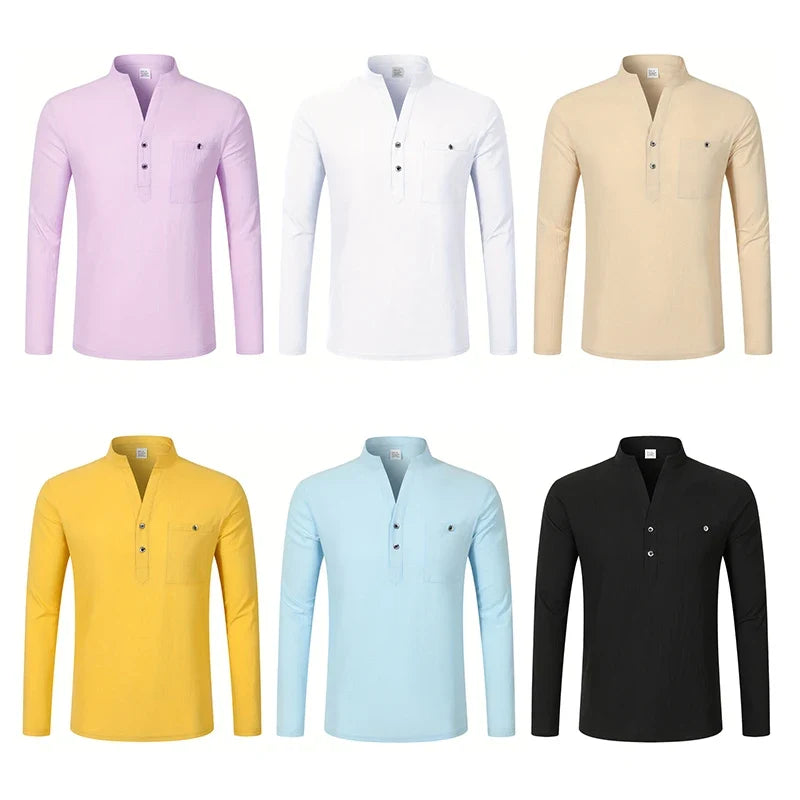 Men Mandarin Collar Long Sleeve Henley Cotton Linen Shirt With Chest Pocket Breathable Lightweight Beach Travel Daily Casual Top