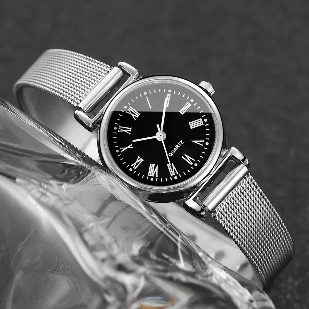2PCS Fashion Women Quartz Watch Steel Mesh Band Watches Opening Cuff Bracelet Bangle Set（Without Box）