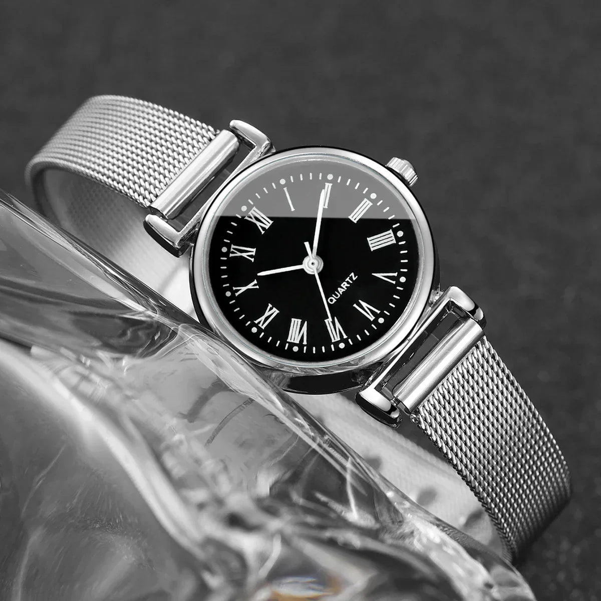 2PCS Fashion Women Quartz Watch Steel Mesh Band Watches Opening Cuff Bracelet Bangle Set（Without Box）