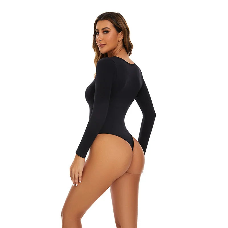 GUUDIA Open Crotch Big U Neck Seamless Bodysuit Long Sleeve Spandex Elastic Body Suit Shapewear Tummy Control Waist Shapers