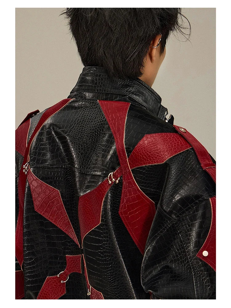 Spring Autumn Cool Handsome Crocodile Print Patchwork Pu Leather Jacket Men Color Block Luxury Designer Clothes 2024