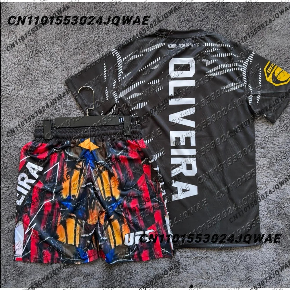 Charles Oliveira UFC Boxing Fighting Training Tee ShortsMen Breathable Speed Drying jersey Wrestling Running Sweat Absorbing Set