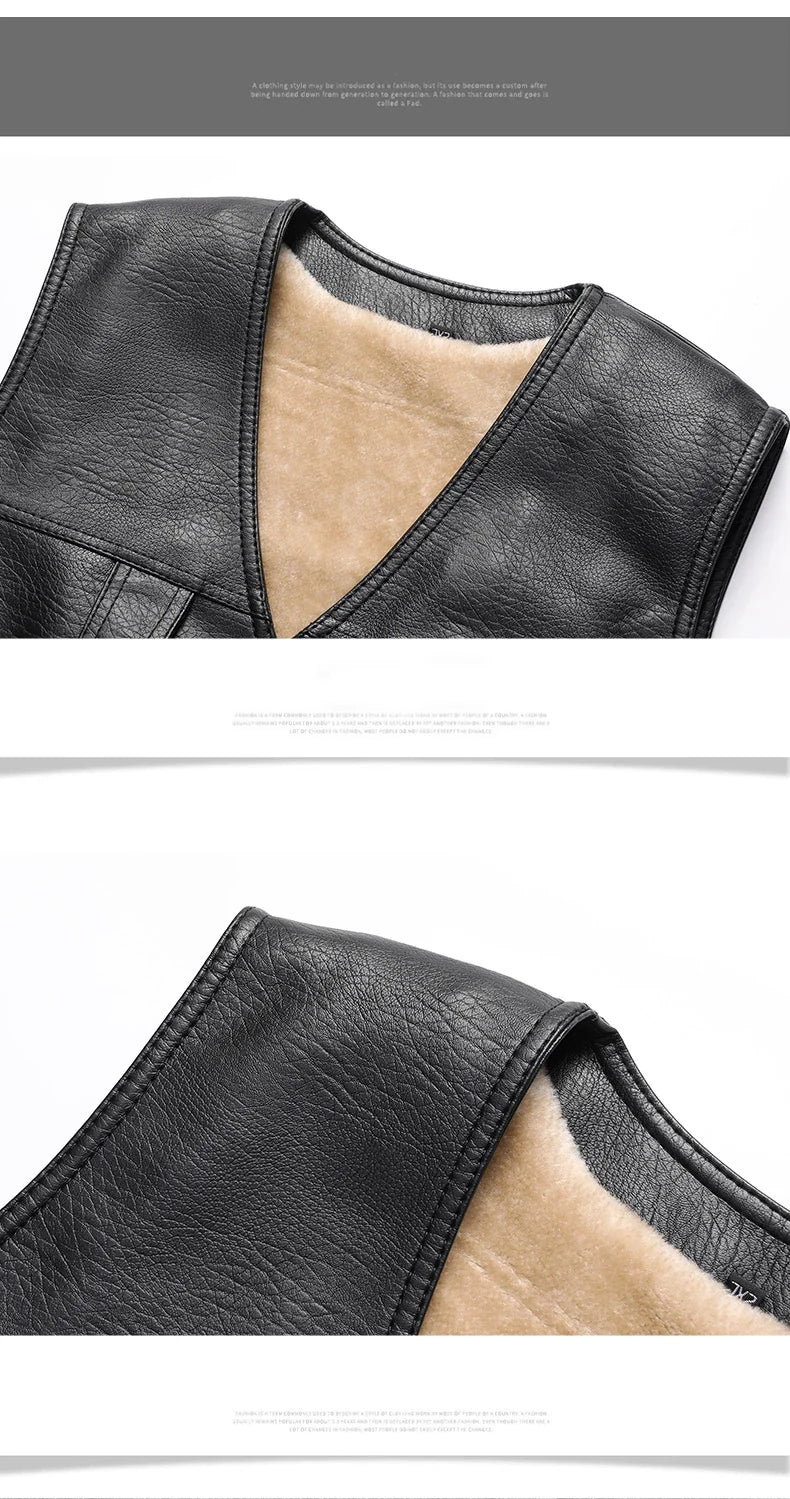 2024 Winter Men Thick Warm Fleece Leather Vest Coat  Male V-Neck Single Breasted Vest Casual Male Clothing Outerwear