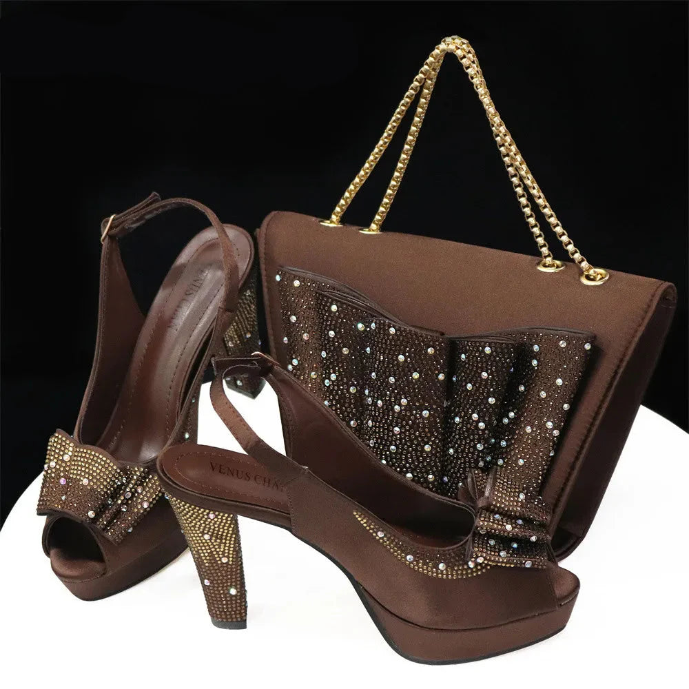 Women High Heels Sandals Printing Flower Material with Rhinestone Open-Toed Shoes
