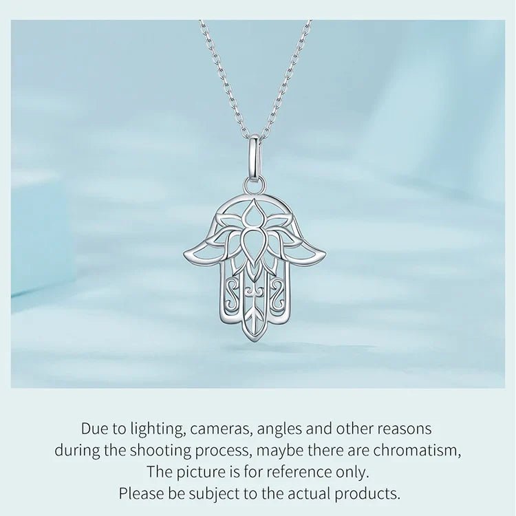 925 Sterling Silver Guardian Fatima's Hand Pendant Necklace Flower Pattern Neck Chian for Women Platinum Plated SCN490