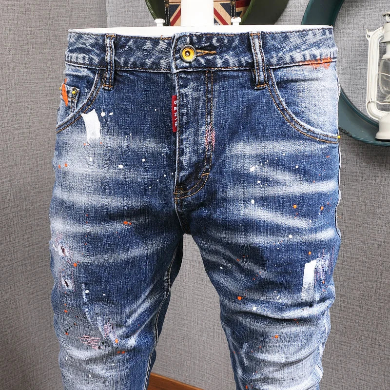 Fashion Streetwear Men Jeans Retro Blue Elastic Slim Fit Ripped Jeans
