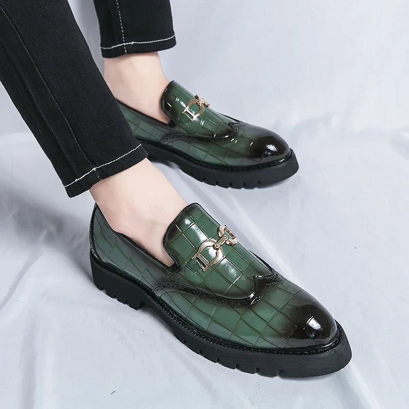 Trendy Brand Green Brogue Shoes Men's Leather Business Shoes Groom's Wedding Men's Loafers British Style Dress Shoes Men