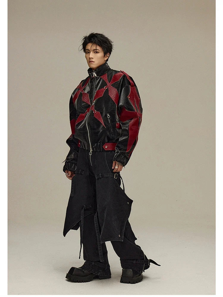 Spring Autumn Cool Handsome Crocodile Print Patchwork Pu Leather Jacket Men Color Block Luxury Designer Clothes 2024