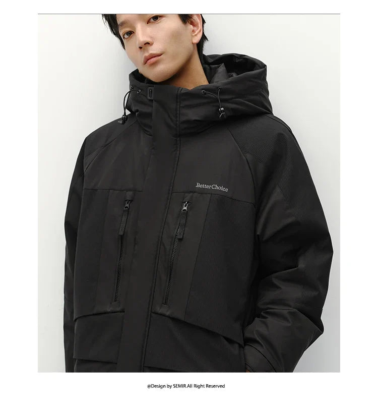 Down Jacket Men Mid-Length Hooded Sport Colorblock 2026 Winter Man Clothes Warm Outerwear Windproof Warm Colorblock Design