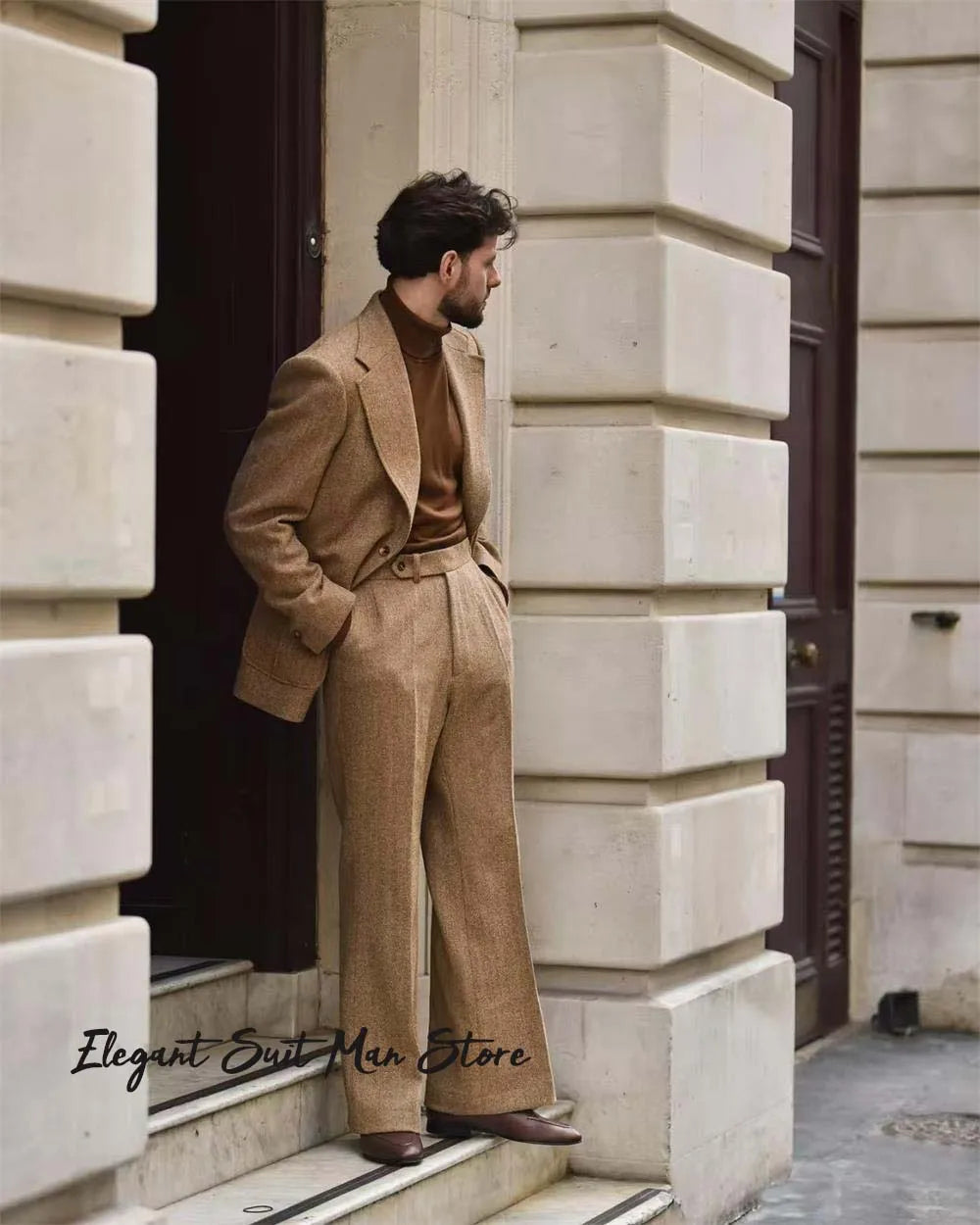 Herringbone pattern Kent blazer Pants Retro Italian style Men's Business Suit Set (Jacket+trousers）tall men tailored suit set