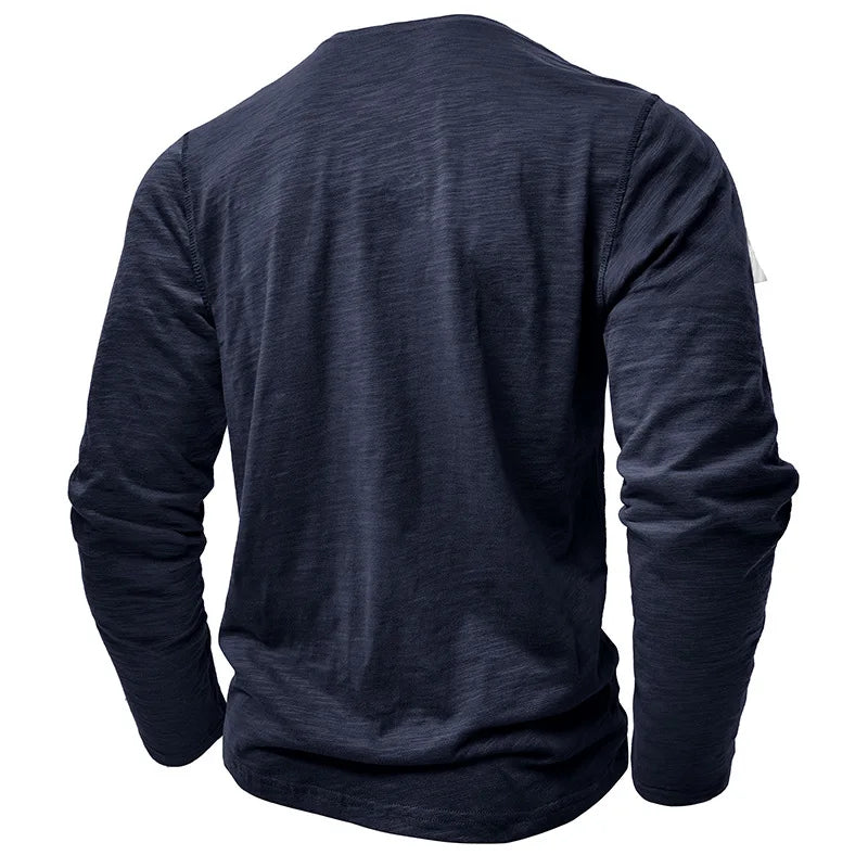 New Autumn Long Sleeve T-Shirt Mens Casual Solid Color Top Henley Neck Slim Versatile Work T-shirt Breathable Outdoor Thin Tee